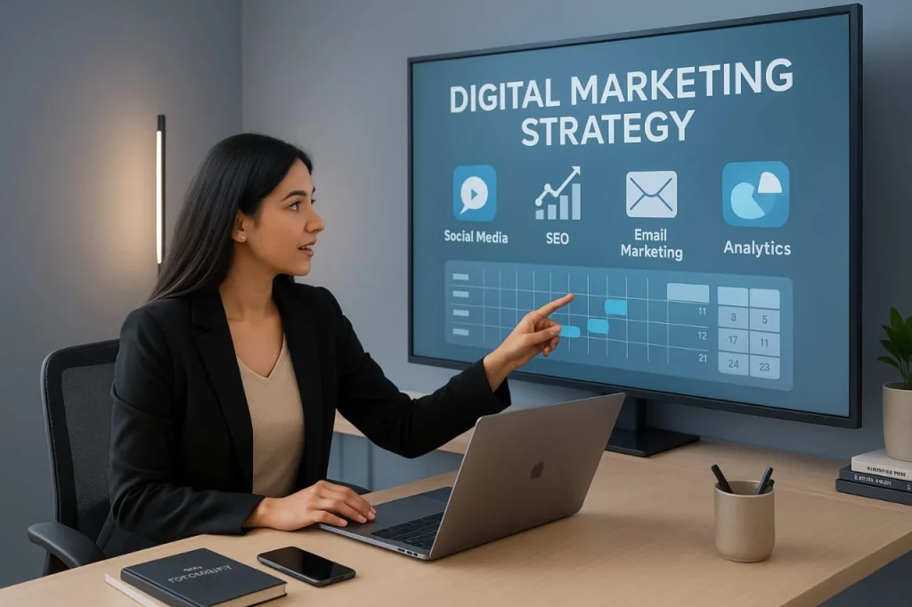 A woman in business attire points to a digital marketing strategy screen with icons for social media, SEO, email marketing, and analytics—reflecting the role of a digital marketing strategist in Kannur.