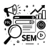 Various icons represent search engine marketing (SEM)—including a magnifying glass, megaphone, browser window, rising graph, "PPC" symbol, and bold "SEM" letters—perfectly illustrating the expertise of the best digital marketing analyst in Kannur, focused on driving business growth through targeted campaigns and advanced SEM strategies.