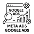 A web browser window with "GOOGLE ADS," a rising bar graph, magnifying glass, and gears, plus the text "META ADS GOOGLE ADS"—ideal for a digital marketing specialist in Kannur focused on online advertising and campaign growth.